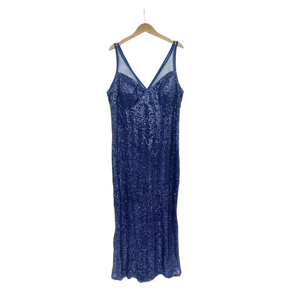 Faviana Long Blue Sequin Prom Dress Gown Formal Womens Plus Size 16
